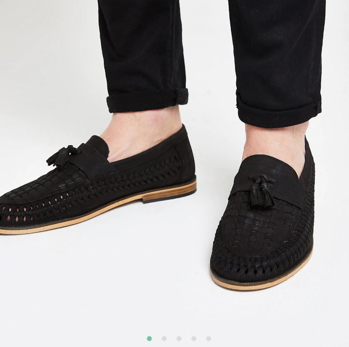 Black leather woven tassel front loafers